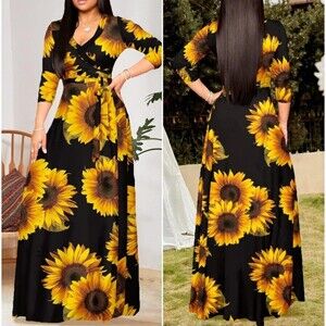 Women's Designer Faux Wrap Style Maxi Dress Sunflowers Pockets XL (14/16) NWOT